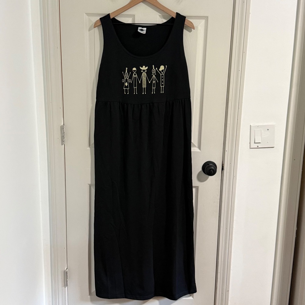 Vintage Maxi Dress Women 16 Black Whimsical Folk Art Boho Artsy Minimalist